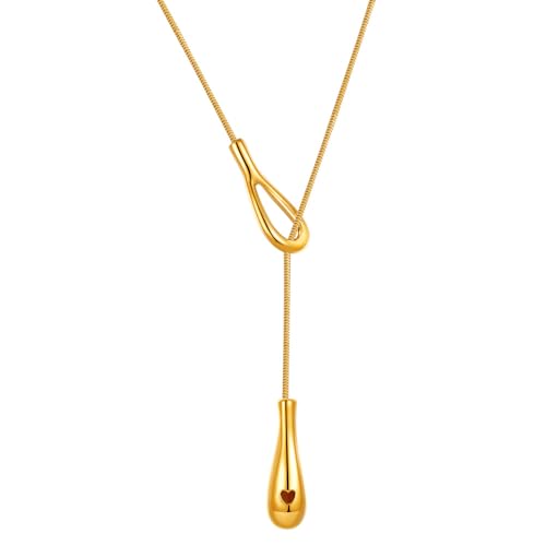 Y Shaped Water Drop Pendant Necklace for Women Adjustable Y Sliding Lariat Charm Necklace Fashion Stainless Steel Snake Chain Teardrop Jewelry Gift - color: Gold