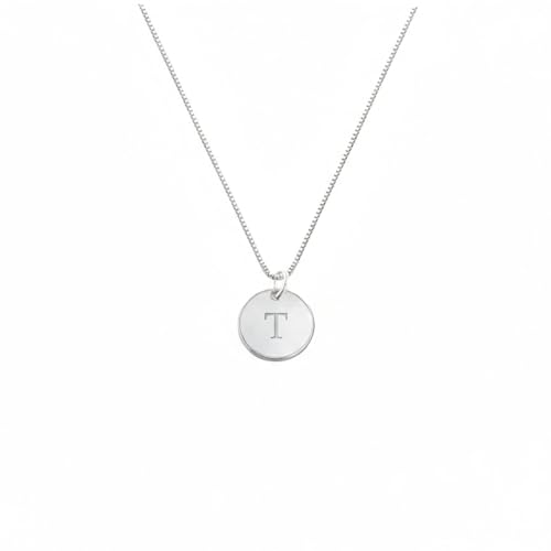 OAK & LUNA - Sterling Silver A-Z Initial Disc Necklace - Letter Pendant on Box Chain, Elegant & Gift‑Ready - style: Letter T