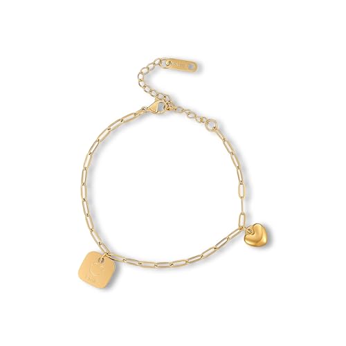18K Gold Plated Paperclip Link Chain Bracelet with Charms, Gift with a Box - color: Heart and Smile