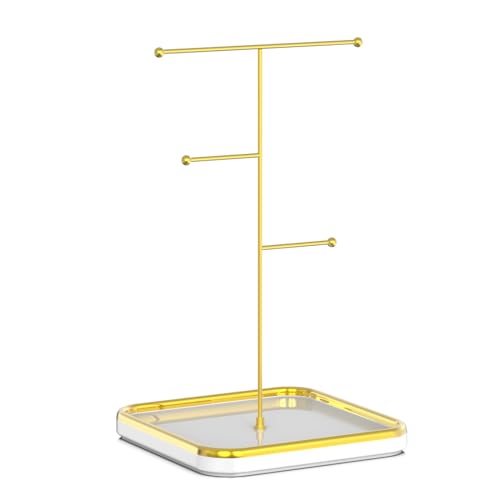 Gold Necklace Holder with Ceramic Base,Jewelry Organizer Stand,1.3ft Height Tall Necklace Hanger Tower Organizer, Aesthetic Jewelry Stand for Necklace, Earring, Bracelets, Rings Display (White)