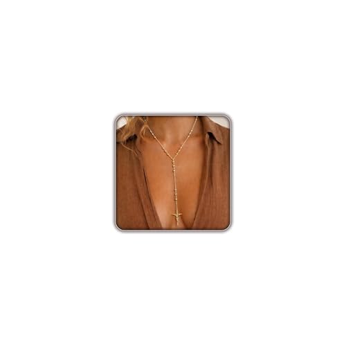 Lariat Gold Necklace for Women, 14K Gold Plated Dainty Drop Y Necklace, Waterproof Non Tarnish Long Layered Beaded Chain Lariat Necklace Prom Jewelry Summer Vacation Gift for Her - color: Bead cross y necklace