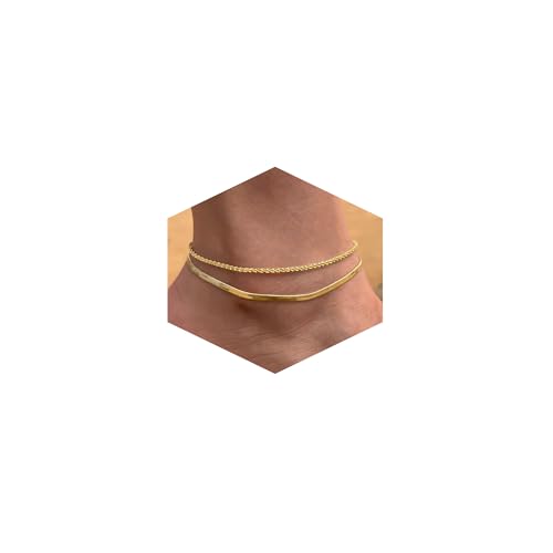 Risamil 14K Gold Plated Ankle Bracelets for Women, Anklets for Women Waterproof Layered Ankle Bracelets for Women Teen Girl Herringbone Anklet Set Summer Foot Jewelry Gifts - color: 2PCS-5