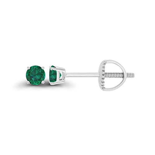 14K Gold Plated 925 Sterling Silver Hypoallergenic 3mm Round Genuine Birthstone Solitaire Screwback Stud Earrings - color: Emerald Created