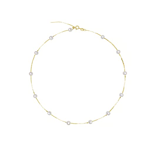 925 Sterling Silver Dainty Freshwater Cultured Pearl Choker Necklace White Genuine Real Pearl Charm Necklaces Jewelry Gifts for Her - color: Satellite Pearl-Gold 4.5-5.5mm