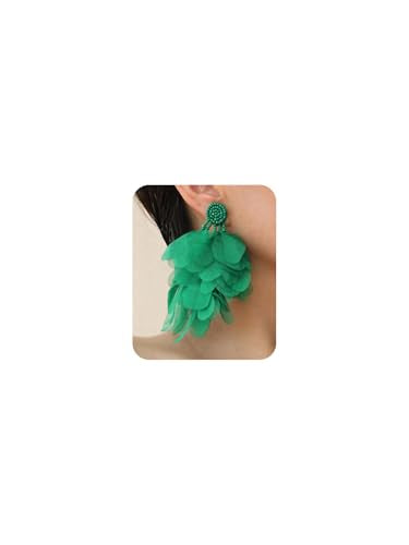 Bohemian Flower Drop Dangle Earrings Vintage Handmade Chiffon Floral Long Tassel Earrings Exaggerated Big Flower Stud Earrings Wedding Bridal Party Ear Jewelry for Women - color: Green