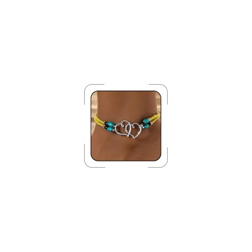 Elastic Beaded Ankle Bracelets for Women Double Heart Layered Stretch Ankle Bracelets Waterproof Dainty Boho Beaded Anklets for Summer Beach Foot Jewelry - color: Yellow Silver