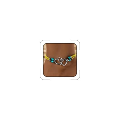 Elastic Beaded Ankle Bracelets for Women Double Heart Layered Stretch Ankle Bracelets Waterproof Dainty Boho Beaded Anklets for Summer Beach Foot Jewelry - color: Yellow Silver