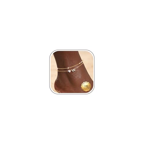 Kakonia Double Layer Initial Anklet for Women, 14K Gold Plated Heart Ankle Bracelet, Personalized A-Z Letter, Waterproof Non Tarnish Cubic Zirconia Dainty Adjustable Summer Beach Jewelry Gift - style: Letter W