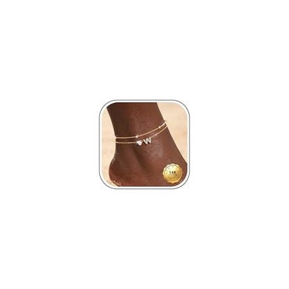 Kakonia Double Layer Initial Anklet for Women, 14K Gold Plated Heart Ankle Bracelet, Personalized A-Z Letter, Waterproof Non Tarnish Cubic Zirconia Dainty Adjustable Summer Beach Jewelry Gift - style: Letter W