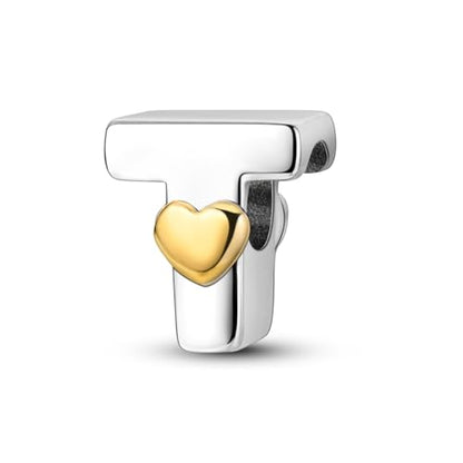 925 Sterling Silver Letter Charms A-Z for Bracelet Necklace Alphabet Bead | Heart letter A B C D G J charm initial gold Pendant beads Jewelry Gift for Women - color: Letter T