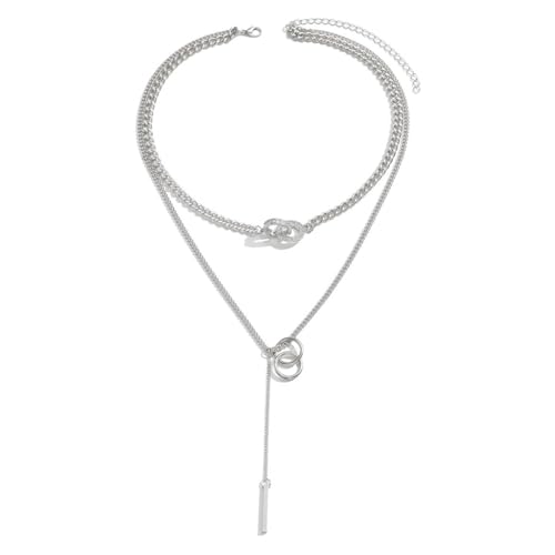 Layered Gold Round Zircon Bar Pendant Necklaces for Women,Vintage Stackable Circle Rhinestone Lariat Necklace,Personalized Jewelry Accessories Gifts - color: Silver