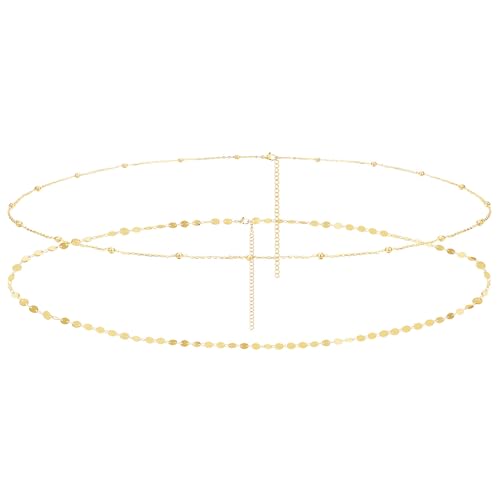 Yowivon Waist Chain for Women, 14K Gold Plated Body Chain, Dainty Cuban Layered Belly Beads Chains, Waterproof Adjustable Sexy Bikini Beach Jewelry Accessories Daily Belts Gifts - style: 2Pcs-Sequin & Bead