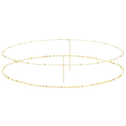 Yowivon Waist Chain for Women, 14K Gold Plated Body Chain, Dainty Cuban Layered Belly Beads Chains, Waterproof Adjustable Sexy Bikini Beach Jewelry Accessories Daily Belts Gifts - style: 2Pcs-Sequin & Bead