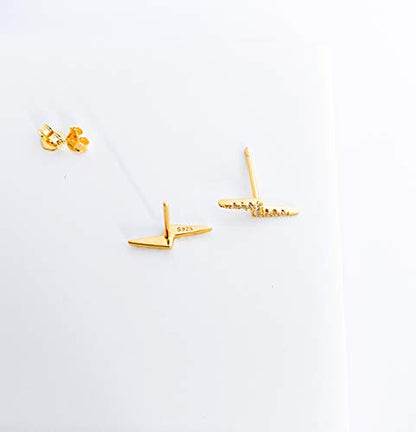 Altitude Boutique Cubic Zirconia Lightning Bolt Earrings | CZ Gold Stud Earrings for Women | Hypoallergenic Geometric Punk Earrings - color: Gold