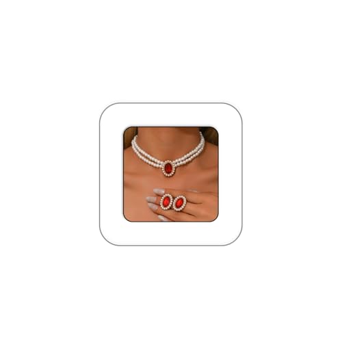 CSIYANJRY99 Pearl Necklace and Earring Set Faux Pearl Jewelry Sets for Women Imitation Beaded Pearl Necklace Bracelet Stud Earrings for Women - color: Red Zircon Pearl Set