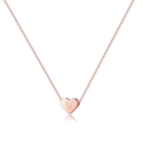 Turandoss Tiny Heart Initial Necklaces for Girls | 14K Rose Gold Plated Heart Pendant Handmade Dainty Letter Initial Necklaces for Teen Girls Jewelry - color: V