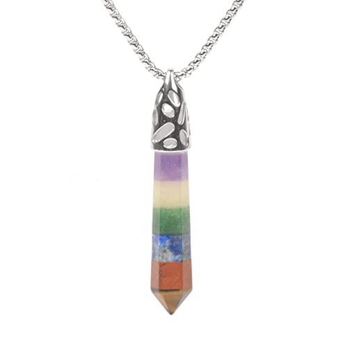 Justinstones Hexagonal Pointed Reiki Chakra Pendant Stainless Steel Chain Necklace 20 Inch Iron Gift Box - color: 7 Chakra Gemstone