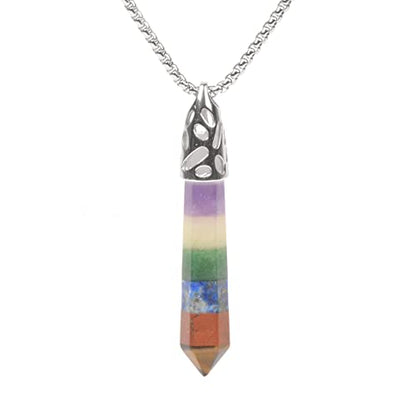 Justinstones Hexagonal Pointed Reiki Chakra Pendant Stainless Steel Chain Necklace 20 Inch Iron Gift Box - color: 7 Chakra Gemstone