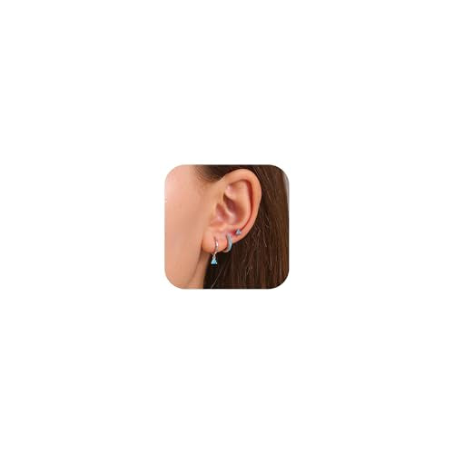3 Pairs Mini Hoop Earrings Set Turquoise Cubic Zirconia Huggie Hoop Cartilage Earring Ear Cuff for Women (Turquoise/CZ) - color: *Turquoise-B