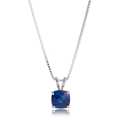 MAX + STONE 925 Sterling Silver Cushion Cut Birthstone Necklace for Women | 6mm Hypoallergenic Solitaire Necklace | Gemstone Pendant Necklaces with 18 inch Box Chain - color: Created Blue Sapphire