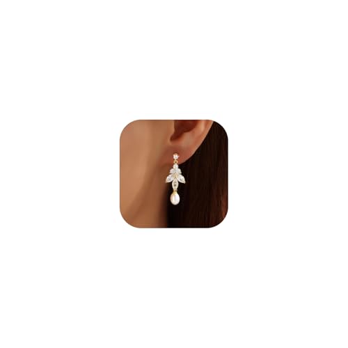 Pearl Earrings for Women, 14k Gold Plated Trendy Diamond Pearl Drop Earrings Bridal Shower Gifts Wedding jewelry for Women - color: Style E Gold