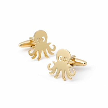 Men’s Octopus Cufflinks – Stainless Steel Ocean-Themed Cuff Links with Gift Box & Polishing Cloth – Available in Silver & Gold - color: golden