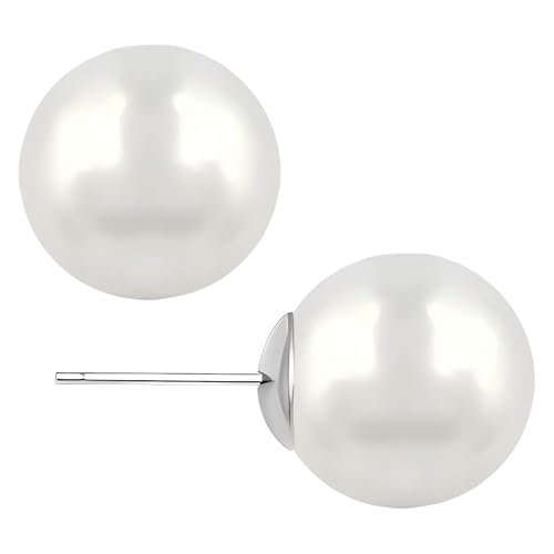 White Faux Pearl Stud Earrings, S925 Silver Posts Hypoallergenic for Women - color: White, size: 10mm