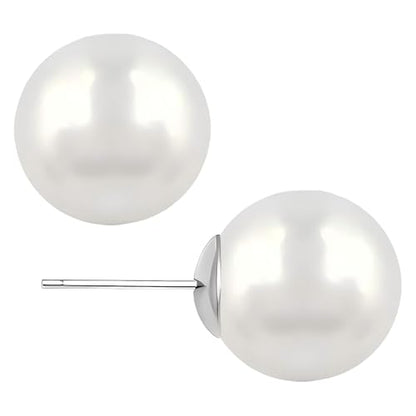 White Faux Pearl Stud Earrings, S925 Silver Posts Hypoallergenic for Women - color: White, size: 10mm