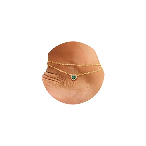 FindChic Bling Heart Birthstone Anklets Layered Beaded Ankle Bracelets for Women Gold/Black/Silver 12 Month Gem Colors Foot Chain Summer Jewelry for Girls, with Gift Box - color: Gold, style: 05. MayCreated Emerald