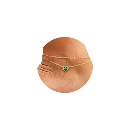 FindChic Bling Heart Birthstone Anklets Layered Beaded Ankle Bracelets for Women Gold/Black/Silver 12 Month Gem Colors Foot Chain Summer Jewelry for Girls, with Gift Box - color: Gold, style: 05. MayCreated Emerald