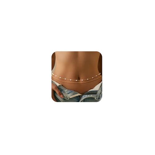 CHESKY Waist Beads for Women, 14k Gold Plated Waist Chain Gold Chain Belt for Womens Simple Body Chain Jewelry Belly Chain Beach Accessories Dainty Gold Jewelry for Women Gifts Rave Outfits for Womens - style: satellite pearl-gold