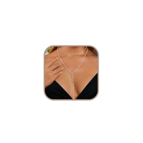 HERIER Lariat Gold Necklace for Women, Dainty Long Necklace 14k Gold Plated/Silver Y-Shaped Layered Beaded Chain Drop Necklaces for Women Trendy Simple Gold Jewelry for Women Gifts - color: Y Layered Bead Necklace-Silver