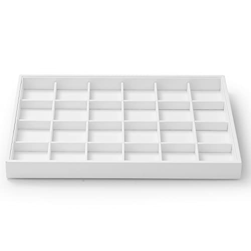 White PU Leather Stackable 24-Grid Jewelry Display Organizer Tray | Stackable design, ideal for earring ring storage on dresser drawers, home collection and retail counter display - size: 24 Grid