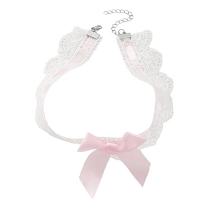 Asphire Sexy Lace Bow-knot Collar Choker Necklace Kawaii Lolita Heart Flower Choker Tie Cravat Jewelry Gift for Women Girls - color: Pink and white