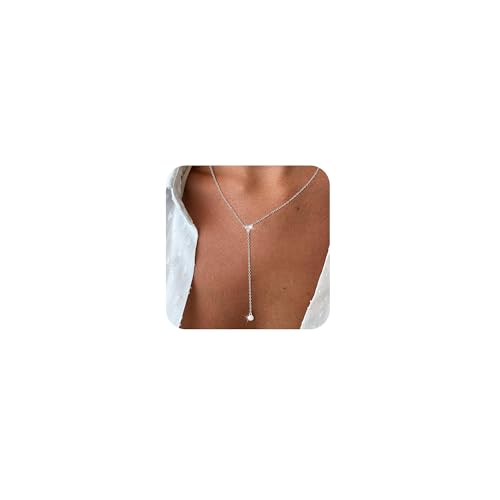 Lariat Gold Necklaces for Women Trendy Dainty Long Necklace 14k Gold Plated/Silver Layered Drop Beaded Chain Necklaces Y-shaped Pendant Necklace Simple Gold Jewelry Gifts - color: Y Triangle-Silver