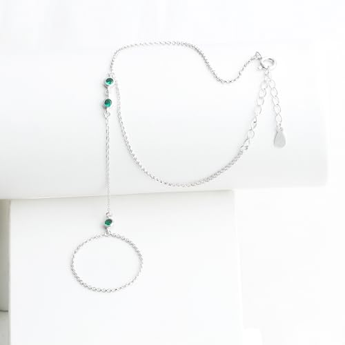 Kakikaki 925 Sterling Silver Finger Ring Bracelet Hand Chain for Women | Slave Bracelets 7" to 9" Adjustable - color: Silver, style: 3 Emerald