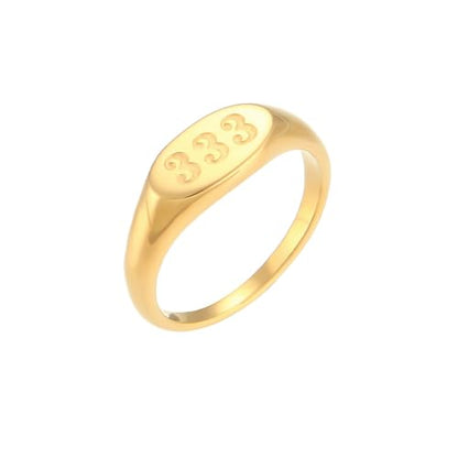 PAURO Women's Oval Angel Number Rings 111 222 333 444 555 666 777 888 999 | Stainless Steel Signet Style, Gold Plated Spiritual Statement Band, Numerology Jewelry Gift - color: Gold-333