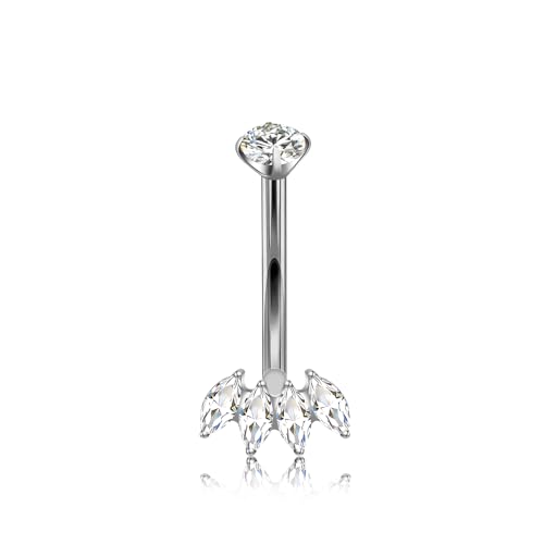XUU Titanium Belly Button Rings 14G, Implant-Grade Navel Piercing, Luxury CZ Shape with Flower Butterfly, Hypoallergenic Curved Barbell Jewelry for Women, Gold or Silver - style: Marquise-Silver