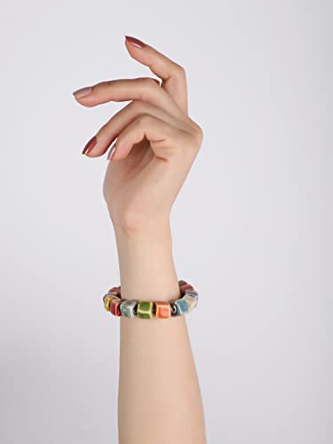 Boho Hippie Colorful Ceramic Beads Strand Stretch Bracelet, Bohemian Summer Beach Jewelry Gift for Women - color: S02