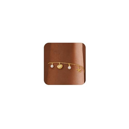 Gold Bracelets for Women, Dainty Friendship Charm Bracelet 14K Gold Plated Summer Shell Starfish Pearl Bracelet Cute Heart Charm Bracelets for Women Trendy Non Tarnish Beach Jewelry Gifts - color: Gold-Shell