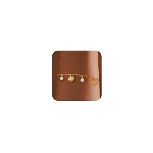 Gold Bracelets for Women, Dainty Friendship Charm Bracelet 14K Gold Plated Summer Shell Starfish Pearl Bracelet Cute Heart Charm Bracelets for Women Trendy Non Tarnish Beach Jewelry Gifts - color: Gold-Shell