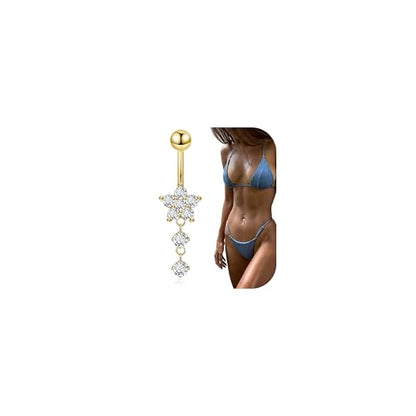 14G G23 Titanium Dangle Belly Button Ring for Women Flower CZ Dangling Belly Rings Cute Dainty Dangly Navel Ring Belly Piercing Jewelry - color: Gold