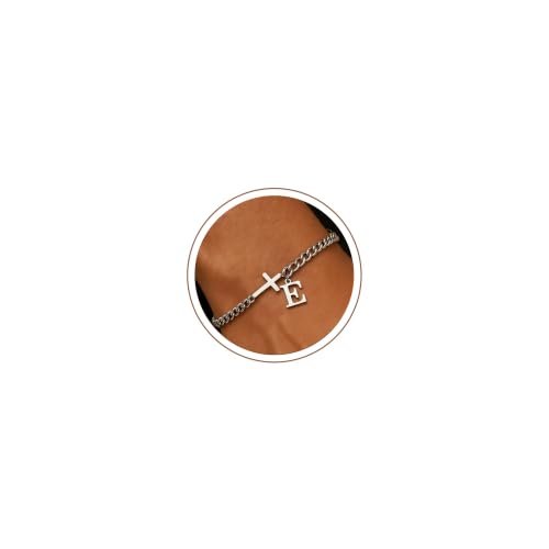 Cross Cuban Link Bracelets for Men Initial A - Z Faith Cross Bracelets, Stainless Steel Fashion Initial Charm Chain Bracelet Religious Jewelry Gift for Men - color: Silver E