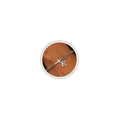 Cross Cuban Link Bracelets for Men Initial A - Z Faith Cross Bracelets, Stainless Steel Fashion Initial Charm Chain Bracelet Religious Jewelry Gift for Men - color: Silver E
