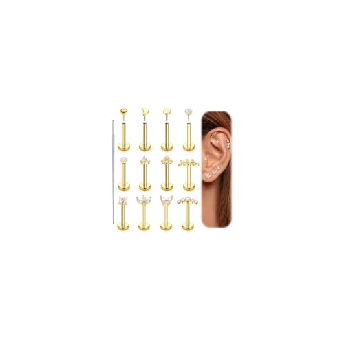 Fansilver 14K Gold Plated Threadless Flat Back Earrings for Women Men | 316L Surgical Steel Push in Nose Piercings Lip Rings,CZ Nostril Helix Conch Medusa Tragus Piercing Jewelry,16/18/20G,6/8mm - color: Gold Plated, size: 16G:8mm