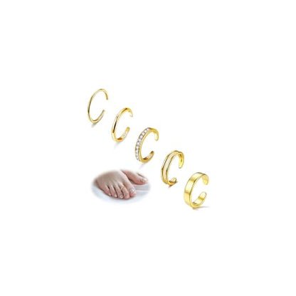 5Pcs 14K Gold Filled Toe Rings for Women Non Tarnish Adjustable Gold CZ Wide Band Toe Rings Summer Beach Waterproof Open Gold Toe Ring Jewelry for Summer - color: gold