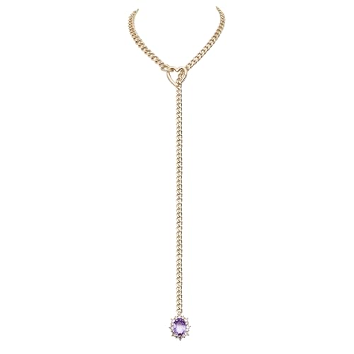 Women's Heart O-Ring Slip Chain Necklace, Double Layered Adjustable 39'' Cuban Chain with Detachable Heart Clasp and Colorful Rhinestone Pendant - color: 25'' Gold-Amethyst Purple