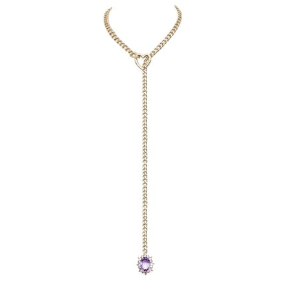 Women's Heart O-Ring Slip Chain Necklace, Double Layered Adjustable 39'' Cuban Chain with Detachable Heart Clasp and Colorful Rhinestone Pendant - color: 25'' Gold-Amethyst Purple