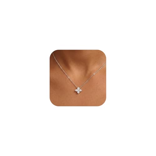 Gold Silver Necklace for Women, Dainty Cubic Zirconia Pendant | Teardrop CZ Charm, 14K Gold/Sterling Silver Plated, Adjustable Chain, Hypoallergenic & Waterproof Jewelry, Cute Trendy Gift - color: Silver-Clover necklace