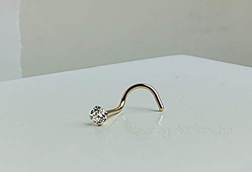 Jewelry Avalanche Solid 14Kt Gold Nose Screw, 24G Nose Hook, Nose Stud, 14kt Yellow Gold or 14kt White Gold Nose Ring Prong Set CZ Accent - style: 14kt yellow gold w/ 1.5mm cz